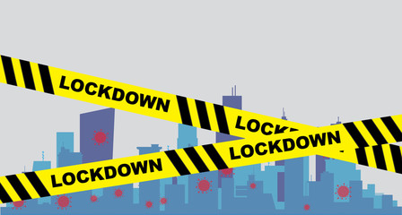 Lockdown barrier tape in the city. Coronavirus pandemic, city quarantine lockdown. 