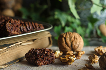 Peanut cookies with chocolate glaze on a rustic background