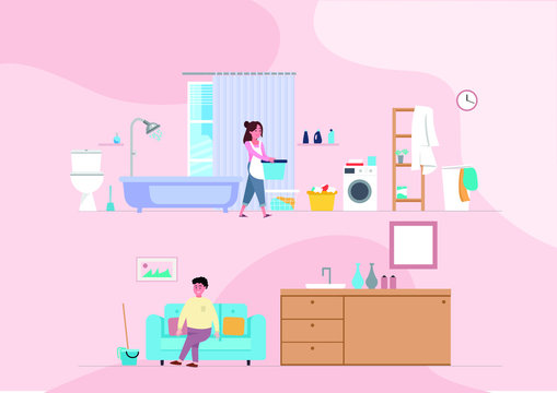 Vector minimalis kitchen interior background template. Cartoon illustration with furniture kitchen and washing machine
