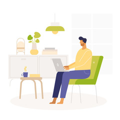 Young business man work at home.  Remove work and freelance. Vector cartoon character. Illustration in flat design.