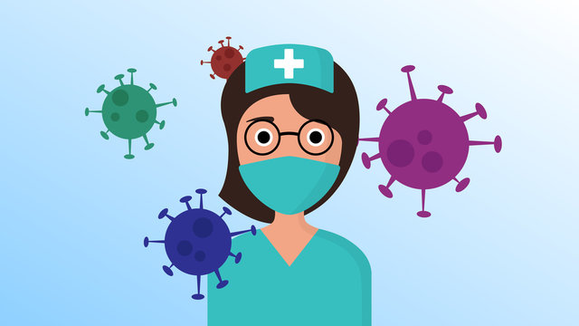 Nurse or medical health care professionals with medical mask fighting with Covid-19 pandemic . Vector illustration 