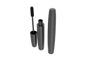 Mascara Bottle and Brush. Fashionable cosmetics Makeup for Eyes, Black Mascara wand and Tube Isolated on White. Extensible mascara and volume. 3d illustration