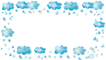 水彩風　ブルーな雲と雨のフレーム