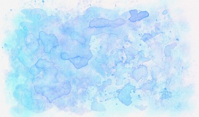 Fototapeta na wymiar Random stains, watercolor bright hand drawn illustration background. Blue aquarelle brush strokes. Abstract paint paper texture, isolated stain element for text design, template.