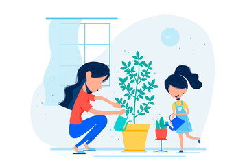 Mother and her daughter are watering plants at home. Family is staying at home and spending time together. Vector flat style illustration