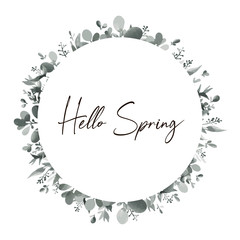 Botanical wreath. Flowers, leaves and branches, round frame. Vintage design for logo, cards, wedding invitations, postcards, stickers, fabric and textile. White background. Vector illustration.