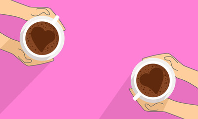 Hands holding a cup of coffee on pink background.