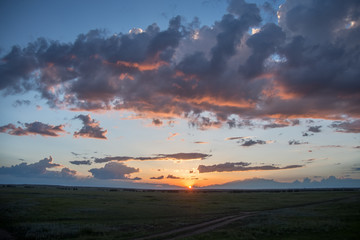 Sunset in the Arkaim, South Ural, Chelyabinsk region, Russia