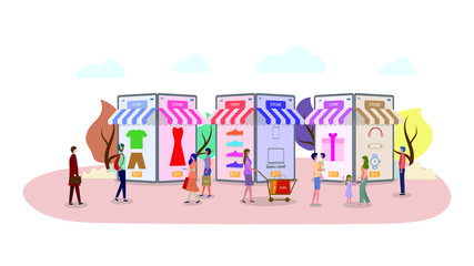 Obraz na płótnie Canvas People are shopping online on mobile phone. Design for banner, mobile app, web templates, concept vector illustration.
