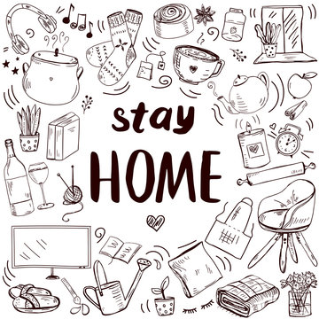 Template with hand drawn doodle style home related objects. Cozy and comfortable