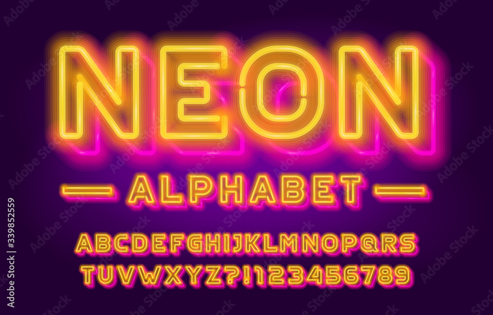Fototapete neon alphabet font. 3d effect bright neon light letters and numbers. stock vector typescript for you