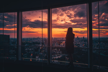 Rear view of Traveler woman looking Tokyo Skyline and view of skyscrapers on the observation deck...