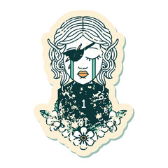 crying elf rogue character face with natural one D20 roll illustration