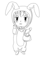 Vector anime character in rabbit kigurumi outline and colored mini example. Cute illustration for coloring for children. Easter time. Coloring book, coloring page