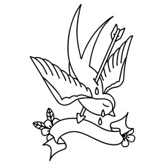 black linework tattoo with banner of a swallow crying