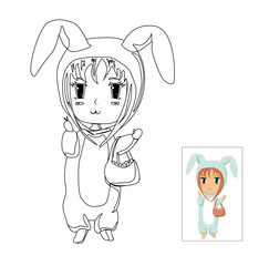 Vector anime character in rabbit kigurumi outline and colored mini example. Cute illustration for coloring for children. Easter time. Coloring book, coloring page