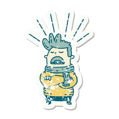 grunge sticker of tattoo style man wearing scarf
