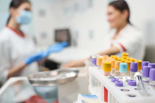 Focused photo on test tubes that being in plastic support