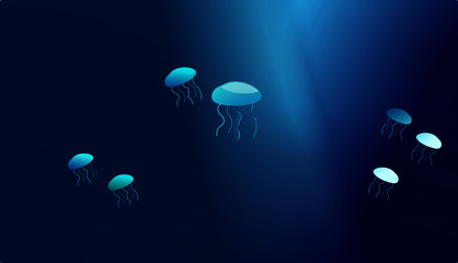 jelly fish floating in the ocean with light rays penetrating through the waters
