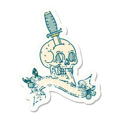 grunge sticker with banner of a skull and dagger