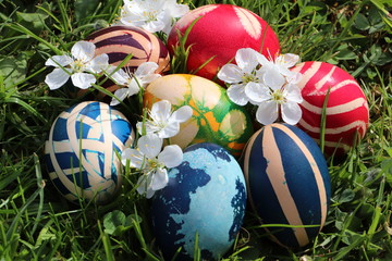 Easter eggs colorful painted on grass background