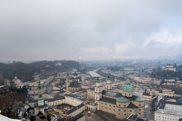 Obraz premium Aerial view on Old Town in Salzburg, Austria, View on buildings from above 