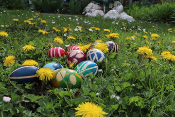 Easter eggs colorful painted on grass background
