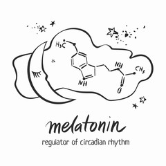 Black and white hand-drawn banner about a dream. Structural molecule of melatonin on a white background. The concept of good sleep with the decorative moon, stars and cloud. Sketch vector illustration