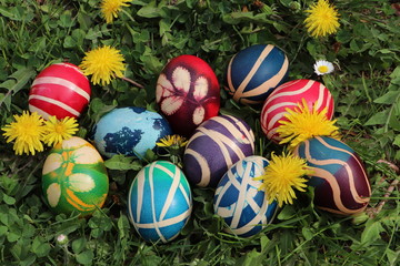 Easter eggs colorful painted on grass background
