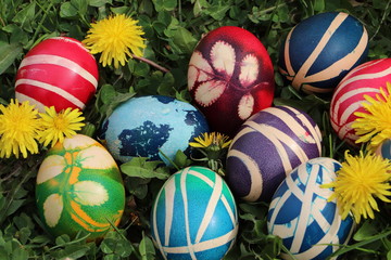 Easter eggs colorful painted on grass background
