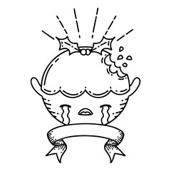 Fototapeta premium banner with black line work tattoo style christmas pudding character crying