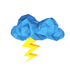Low poly blue cloud with lightning, on a white background, weather icon, 3d render.