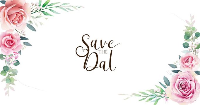 Greenery and Roses wreath with Save the date text on white background. 4K animation.