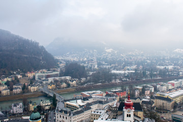 Fototapeta premium Aerial view on Old Town in Salzburg, Austria, View on buildings from above 