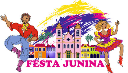 Brazilian holiday Festa Junina (the June party). Couple dancing traditional dance Quadrilha. Vector illustration