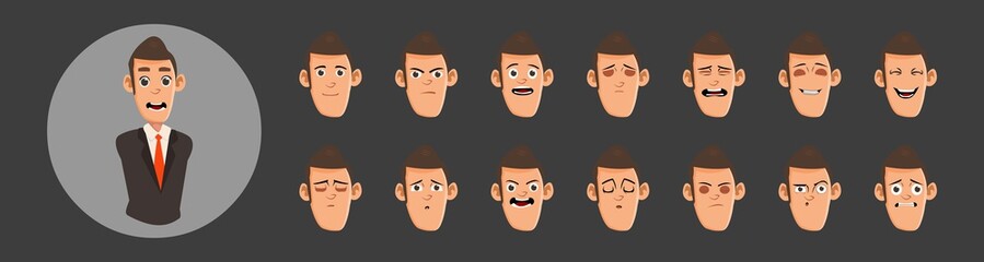 Business man flat avatars emotions set with smiling face.Mouth expression set for animation. Lip sync collection for character animation