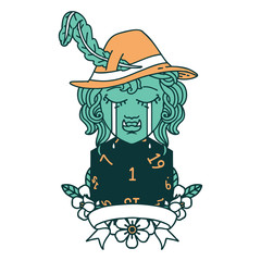 crying orc bard character with natural one D20 roll illustration