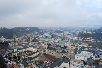 Aerial view on Old Town in Salzburg, Austria, View on buildings from above 