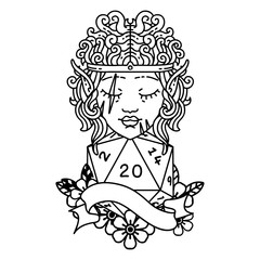 elf barbarian character face with natural twenty dice roll illustration