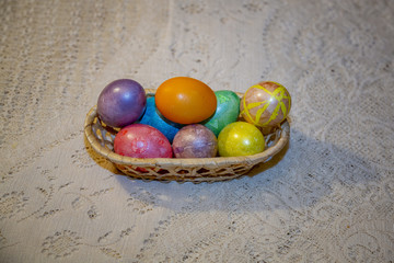 Painted festive Orthodox Easter eggs on a light background