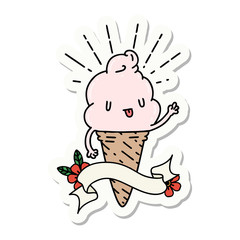 sticker of tattoo style ice cream character waving