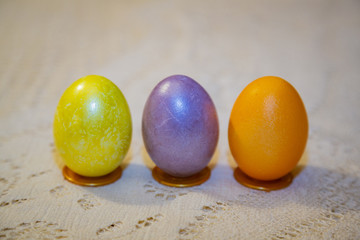 Painted festive Orthodox Easter eggs on a light background