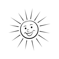 Sun. Cute doodle cartoon icon smiling sun. Black outline on a white background.