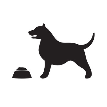 The dog silhouette icon stands at the bowl on a white isolated background. Vector image