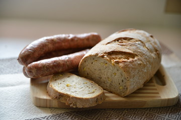 chleb, kiełbasa, stół, jedzenie, swojska, 