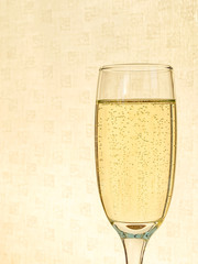 Single flute glass of champagne against a plain background backlit by sunlight