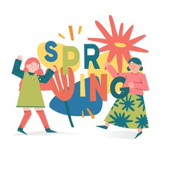 Spring illustration concept with cartoon people characters. Modern background with cute flowers, leaves and abstract shape. Vector