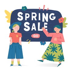 Spring illustration with cartoon people characters. Concept spring season sale banner for promotion and offer with woman, man and couple. Decoration with cute flowers and leaves. Vector