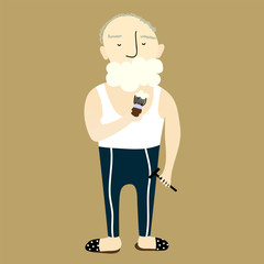 Illustration of old man shaving  his beard on the brown background . Funny  childish print.