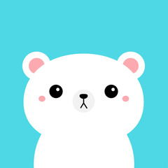 Obraz na płótnie Canvas White polar bear cub. Kawaii cartoon character. Cute funny head face. Pink cheeks. Happy Valentines Day. Baby greeting card template. Notebook cover, tshirt. Blue background. Flat design.